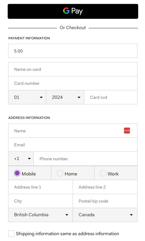 The Hosted Checkout screen with the Google Pay button included