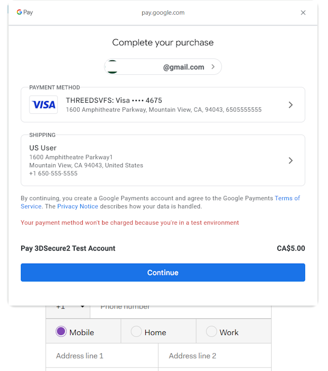 The Google Pay sheet that appears on the Hosted Checkout